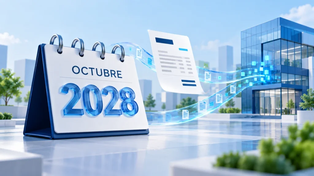 Calendari d’octubre de 2028 al costat d’una factura i dos fluxos digitals que convergeixen en una empresa.